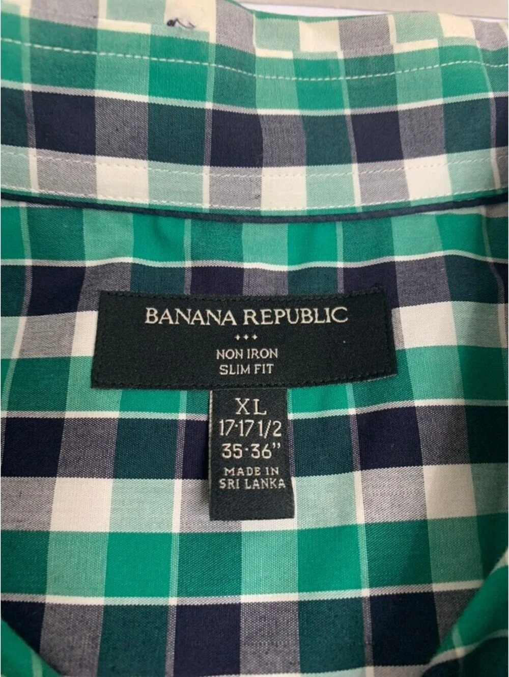 NWOT Banana Republic Mens XL 17-17 1/2 35-36 No Iron Slim Fit Shirt Green Check